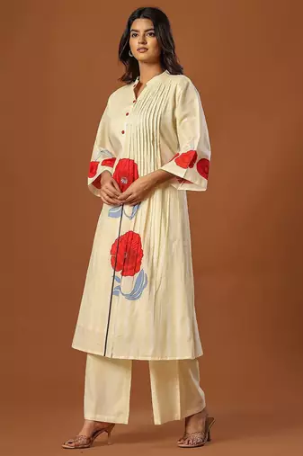 Women Floral Printed Regular Thread Work Pure Cotton Kurta with Trousers