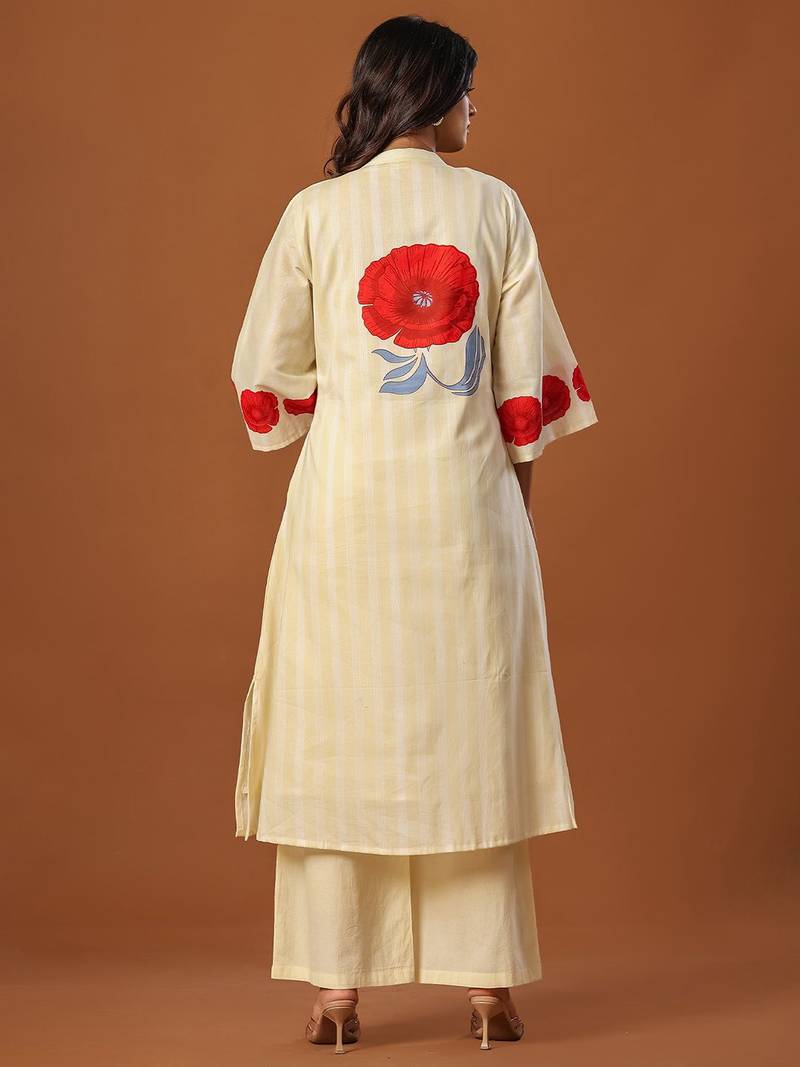 Women Floral Printed Regular Thread Work Pure Cotton Kurta with Trousers