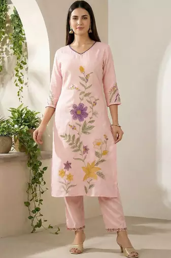 Women Floral Embroidered Regular Thread Work Kurta with Trousers