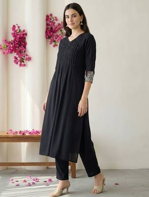 Women Ethnic Motifs Embroidered Pleated Thread Work Kurta with Trousers & With Dupatta 1