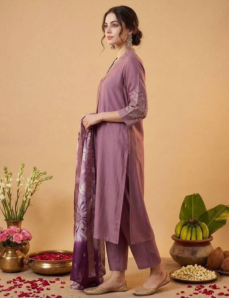 Women Ethnic Motifs Embroidered Regular Thread Work Kurta with Trousers & With Dupatta