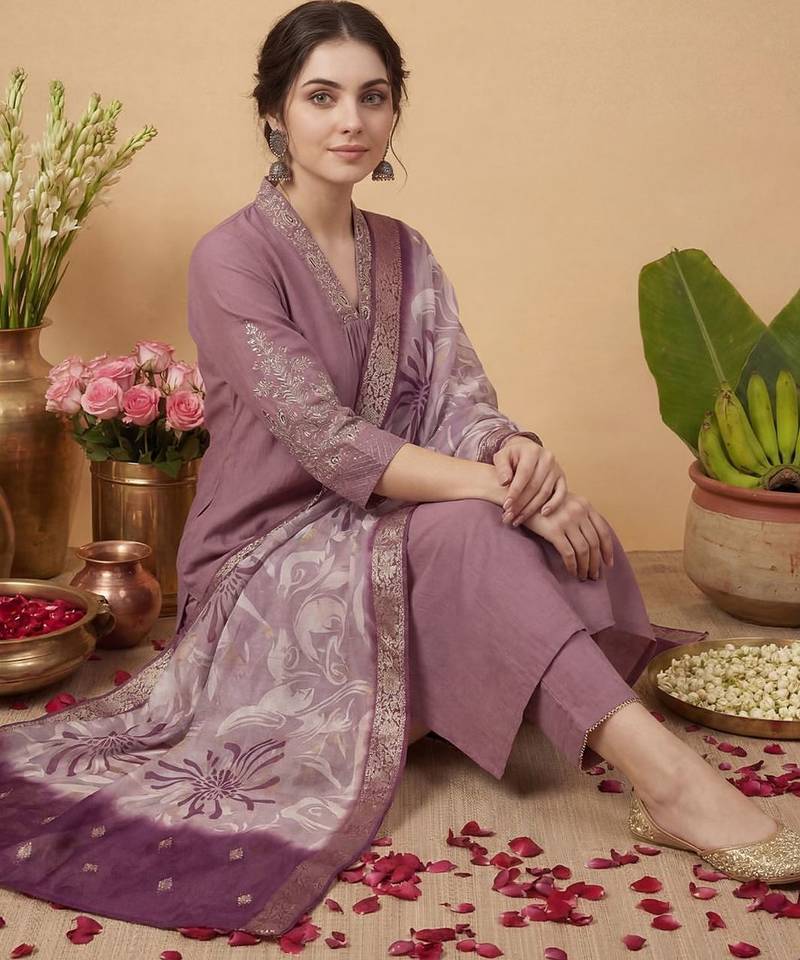 Women Ethnic Motifs Embroidered Regular Thread Work Kurta with Trousers & With Dupatta