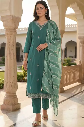 Women Ethnic Motifs Embroidered Regular Thread Work Kurta with Trousers & With Dupatta