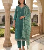 Women Ethnic Motifs Embroidered Regular Thread Work Kurta with Trousers & With Dupatta