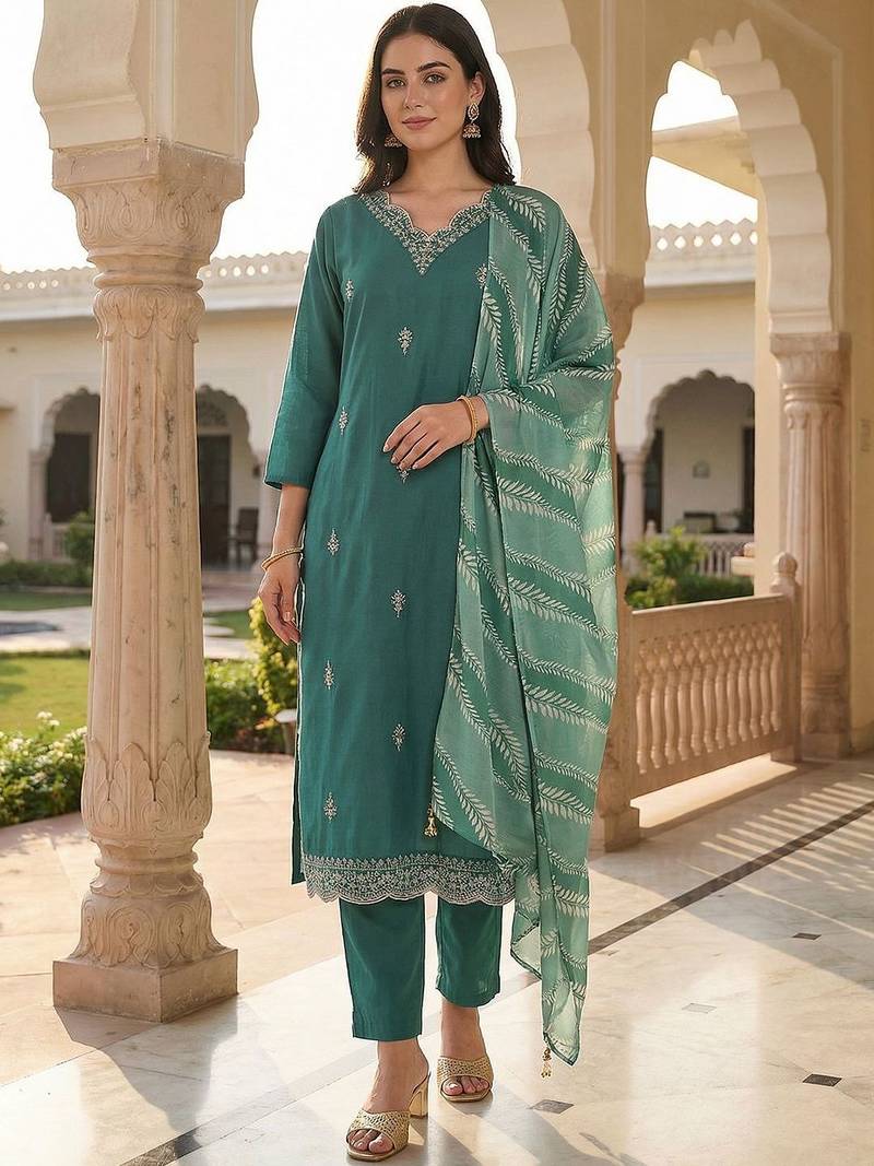 Women Ethnic Motifs Embroidered Regular Thread Work Kurta with Trousers & With Dupatta