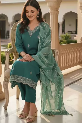 Women Ethnic Motifs Embroidered Regular Thread Work Kurta with Trousers & With Dupatta
