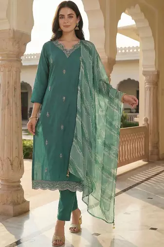 Women Ethnic Motifs Embroidered Regular Thread Work Kurta with Trousers & With Dupatta
