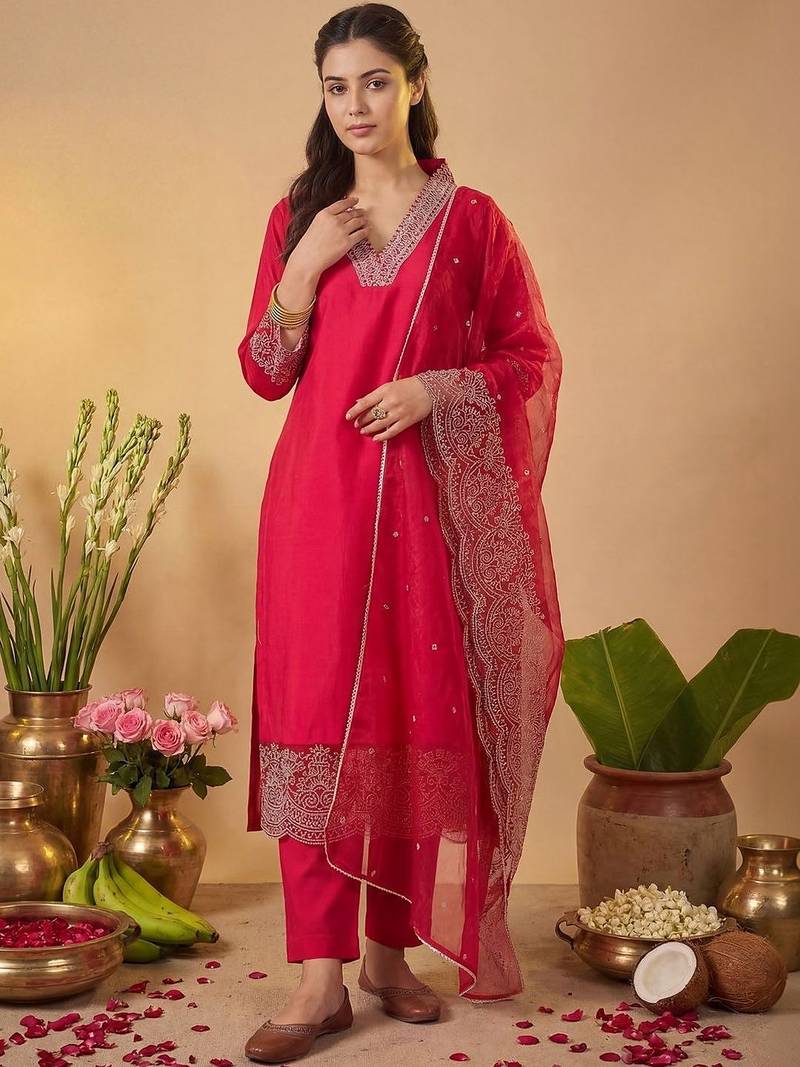 Women Embroidered Regular Thread Work Kurta with Trousers & With Dupatta