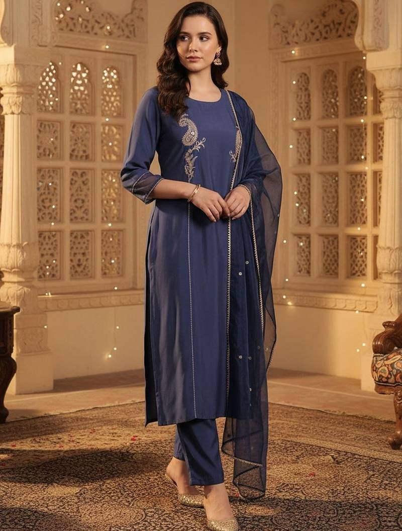 Women Paisley Embroidered Regular Sequinned Kurta with Trousers & With Dupatta