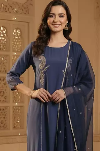 Women Paisley Embroidered Regular Sequinned Kurta with Trousers & With Dupatta