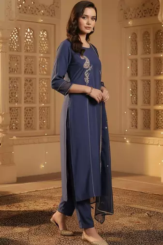 Women Paisley Embroidered Regular Sequinned Kurta with Trousers & With Dupatta
