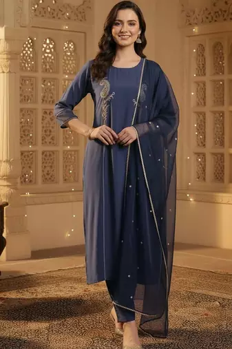 Women Paisley Embroidered Regular Sequinned Kurta with Trousers & With Dupatta