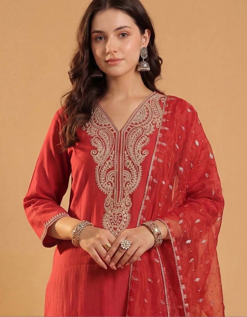Women Paisley Embroidered Regular Sequinned Liva Kurta with Trousers & With Dupatta