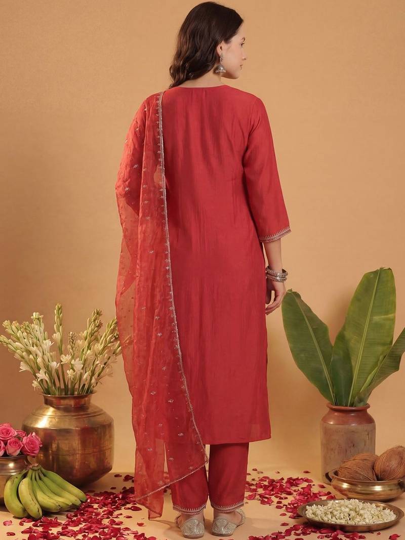 Women Paisley Embroidered Regular Sequinned Liva Kurta with Trousers & With Dupatta