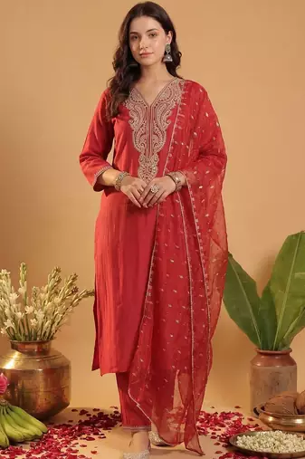 Women Paisley Embroidered Regular Sequinned Liva Kurta with Trousers & With Dupatta