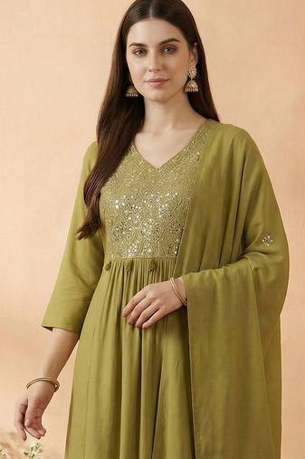 Women Ethnic Motifs Embroidered Regular Mirror Work Kurta with Trousers & With Dupatta
