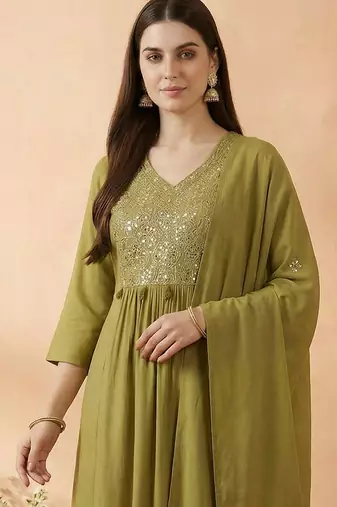 Women Ethnic Motifs Embroidered Regular Mirror Work Kurta with Trousers & With Dupatta
