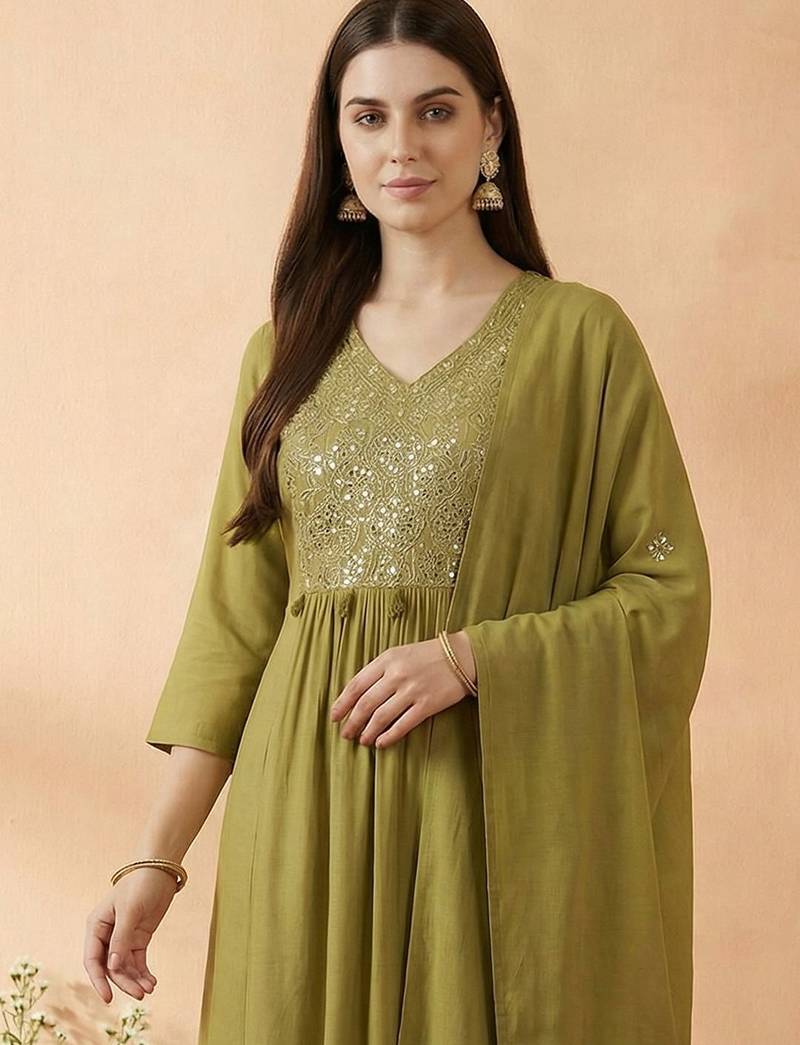 Women Ethnic Motifs Embroidered Regular Mirror Work Kurta with Trousers & With Dupatta