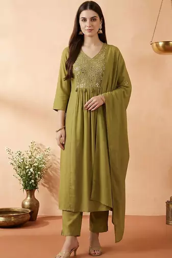 Women Ethnic Motifs Embroidered Regular Mirror Work Kurta with Trousers & With Dupatta