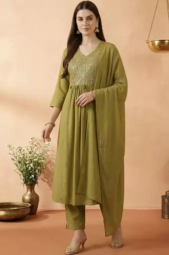 Women Ethnic Motifs Embroidered Regular Mirror Work Kurta with Trousers & With Dupatta