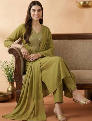Women Ethnic Motifs Embroidered Regular Mirror Work Kurta with Trousers & With Dupatta 7