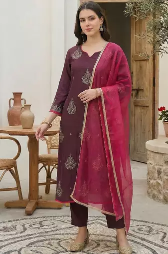 Women Ethnic Motifs Embroidered Regular Sequinned Liva Kurta with Trousers & With Dupatta