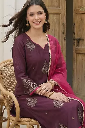 Women Ethnic Motifs Embroidered Regular Sequinned Liva Kurta with Trousers & With Dupatta