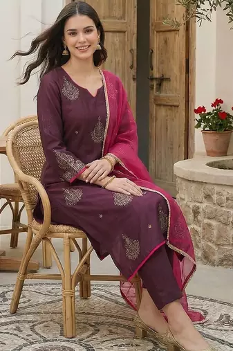 Women Ethnic Motifs Embroidered Regular Sequinned Liva Kurta with Trousers & With Dupatta