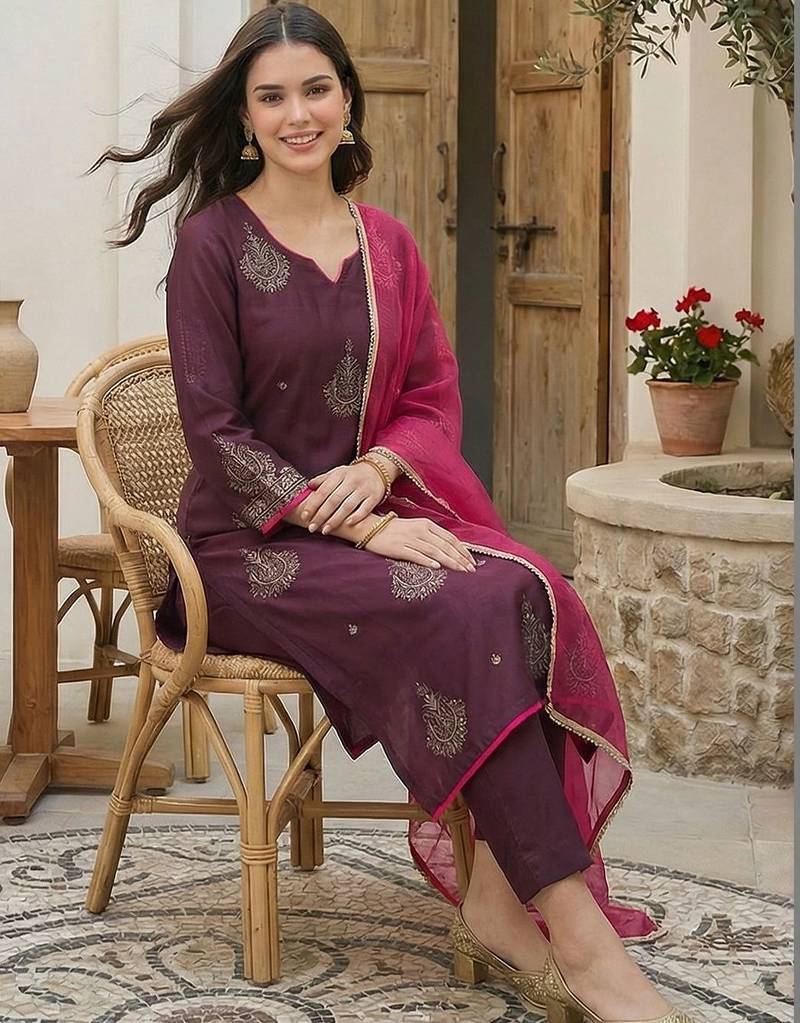 Women Ethnic Motifs Embroidered Regular Sequinned Liva Kurta with Trousers & With Dupatta