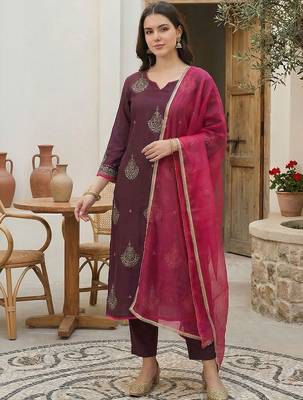 Women Ethnic Motifs Embroidered Regular Sequinned Liva Kurta with Trousers & With Dupatta 6