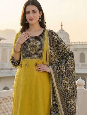 Women Ethnic Motifs Printed Regular Thread Work Kurta with Trousers & With Dupatta 2