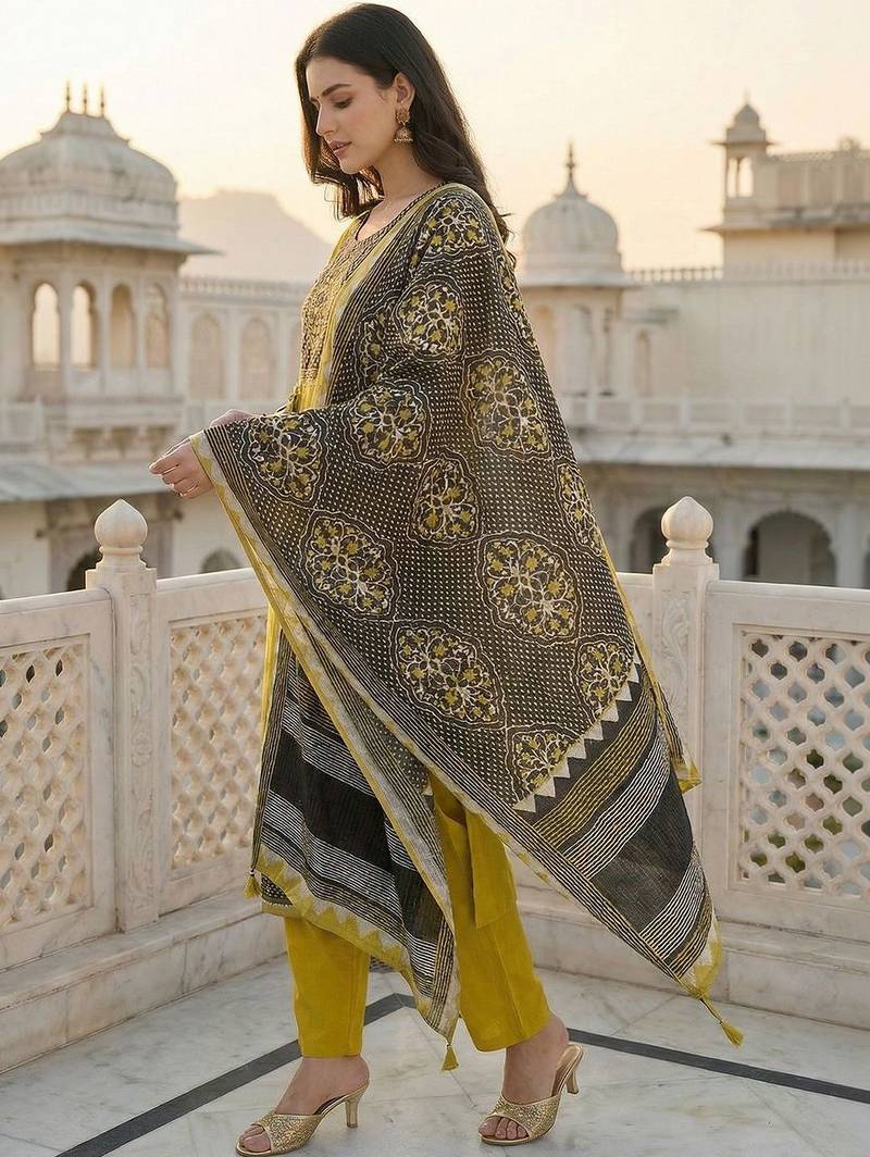 Women Ethnic Motifs Printed Regular Thread Work Kurta with Trousers & With Dupatta