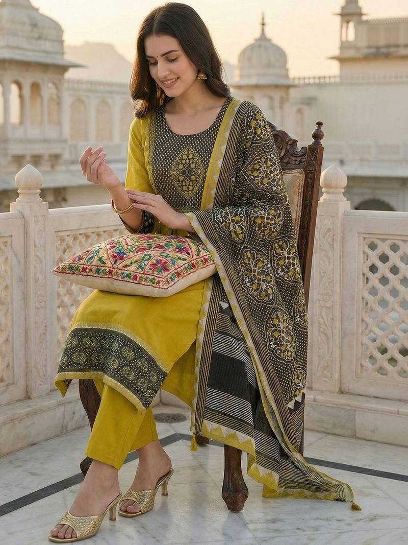 Women Ethnic Motifs Printed Regular Thread Work Kurta with Trousers & With Dupatta