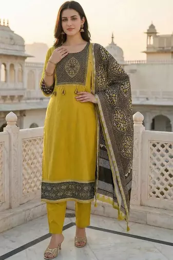Women Ethnic Motifs Printed Regular Thread Work Kurta with Trousers & With Dupatta