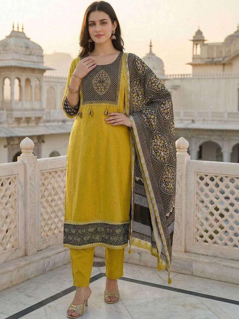 Women Ethnic Motifs Printed Regular Thread Work Kurta with Trousers & With Dupatta