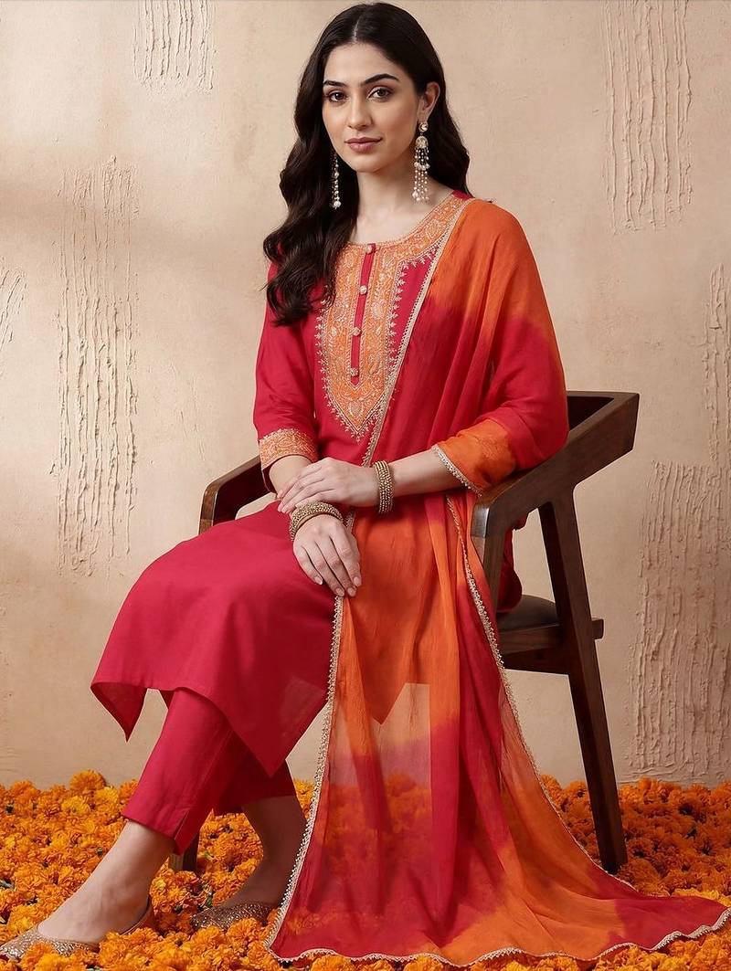 Women Ethnic Motifs Regular Kurta with Trousers & With Dupatta