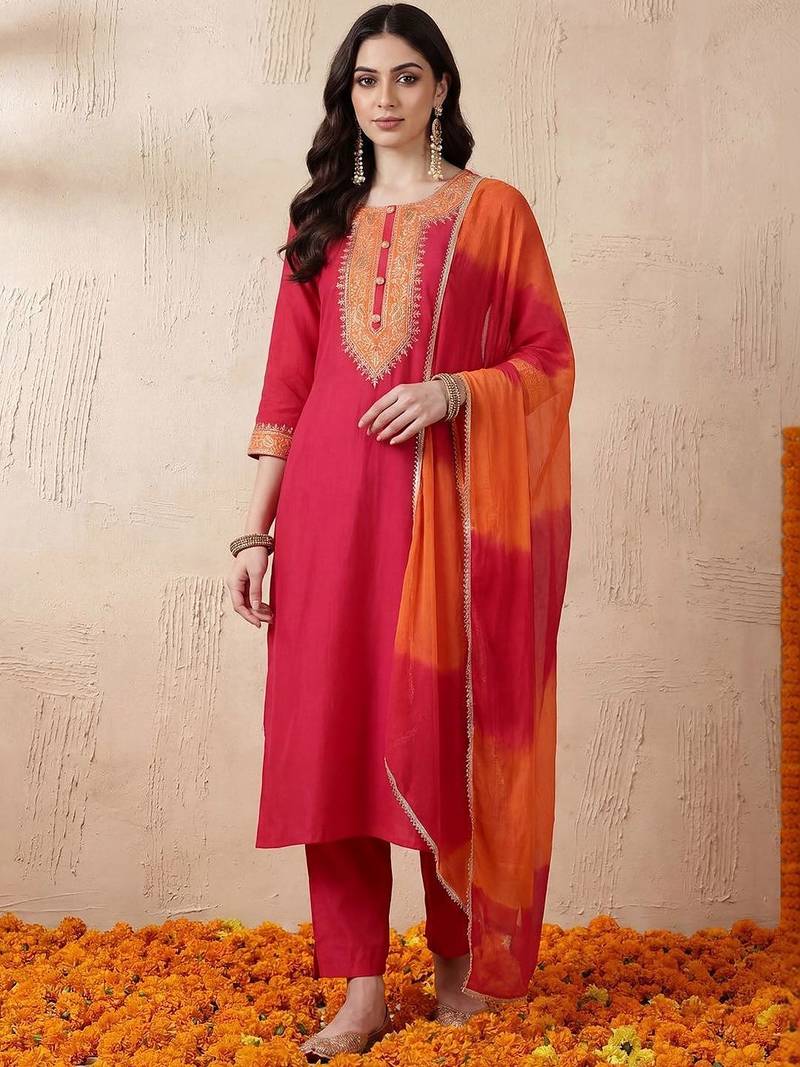 Women Ethnic Motifs Regular Kurta with Trousers & With Dupatta