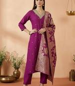 Women Ethnic Motifs Embroidered Regular Kurta with Trousers & With Dupatta