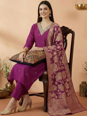 Women Ethnic Motifs Embroidered Regular Kurta with Trousers & With Dupatta 4
