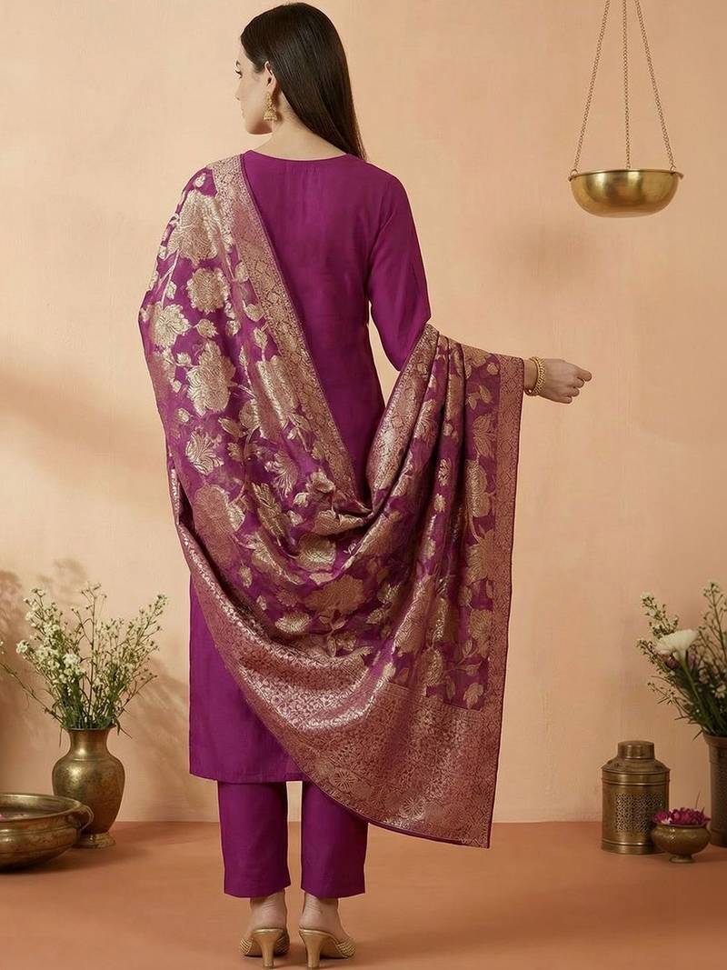 Women Ethnic Motifs Embroidered Regular Kurta with Trousers & With Dupatta