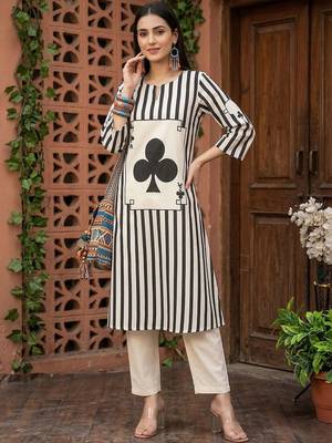 Women Printed Regular Thread Work Pure Cotton Kurta with Trousers 1