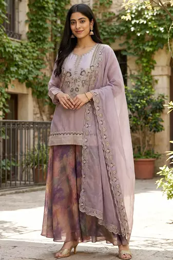 Women's Beautiful Embroidery Work Fendy Satin Fabric Straight Kurta Palazzo and Dupatta Set