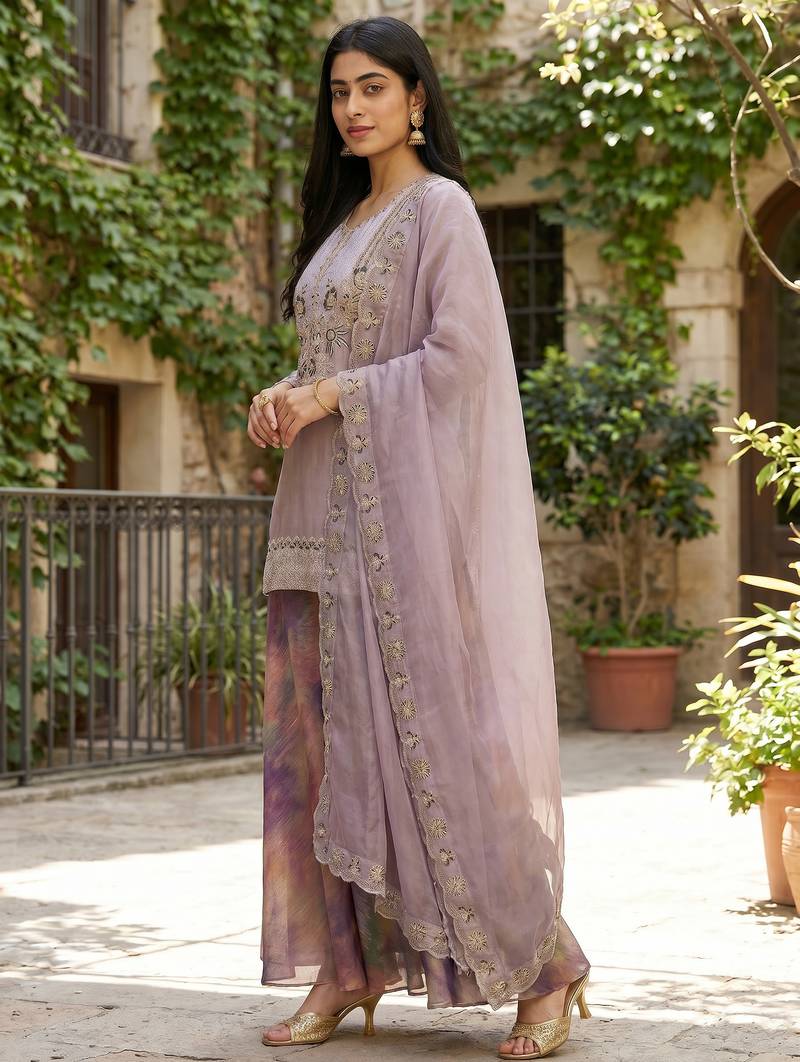 Women's Beautiful Embroidery Work Fendy Satin Fabric Straight Kurta Palazzo and Dupatta Set