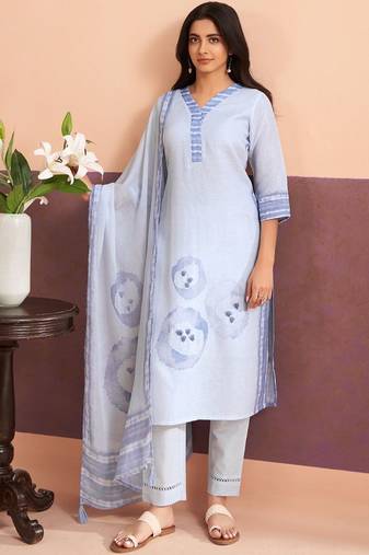 Women Printed Regular Linen Kurta with Trousers & With Dupatta