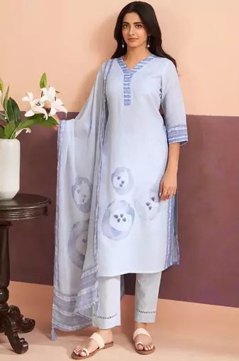 Women Printed Regular Linen Kurta with Trousers & With Dupatta