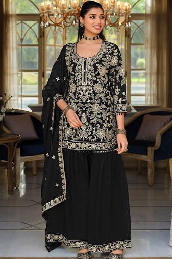 Women Floral Embroidered Regular Beads and Stones Kurta with Sharara & With Dupatta