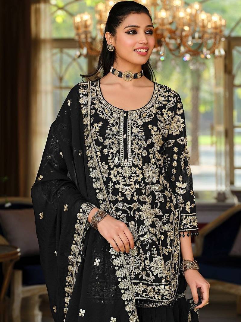 Women Floral Embroidered Regular Beads and Stones Kurta with Sharara & With Dupatta
