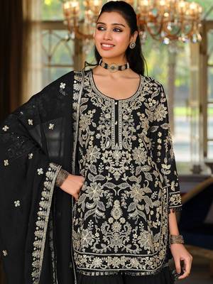 Women Floral Embroidered Regular Beads and Stones Kurta with Sharara & With Dupatta 5