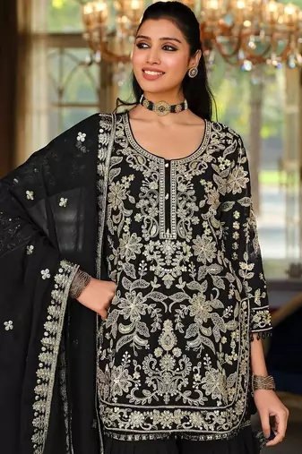 Women Floral Embroidered Regular Beads and Stones Kurta with Sharara & With Dupatta