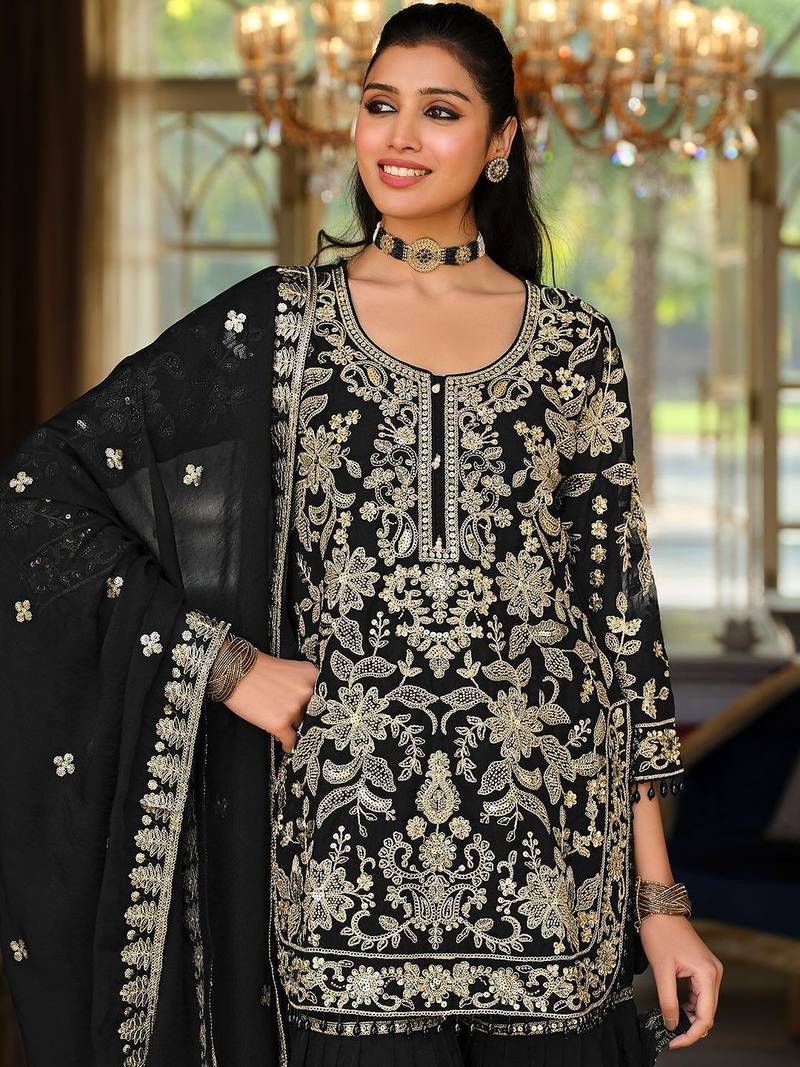 Women Floral Embroidered Regular Beads and Stones Kurta with Sharara & With Dupatta